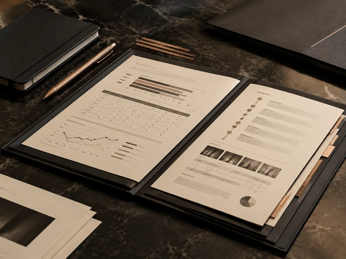 Dossier ouvert avec tableaux, chronologie et documents d’analyse d’une créance B2B