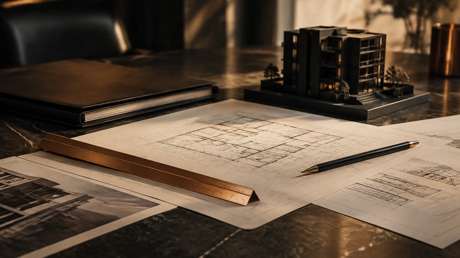 Plans d’architecte, maquette noire et règle cuivre pour illustrer les créances BTP et la sous-traitance